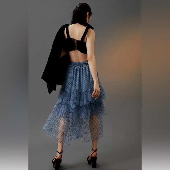 Anthropologie Eva Franco Ruffled Tulle Midi Skirt Blue Polka Dot - Picture 3 of 6